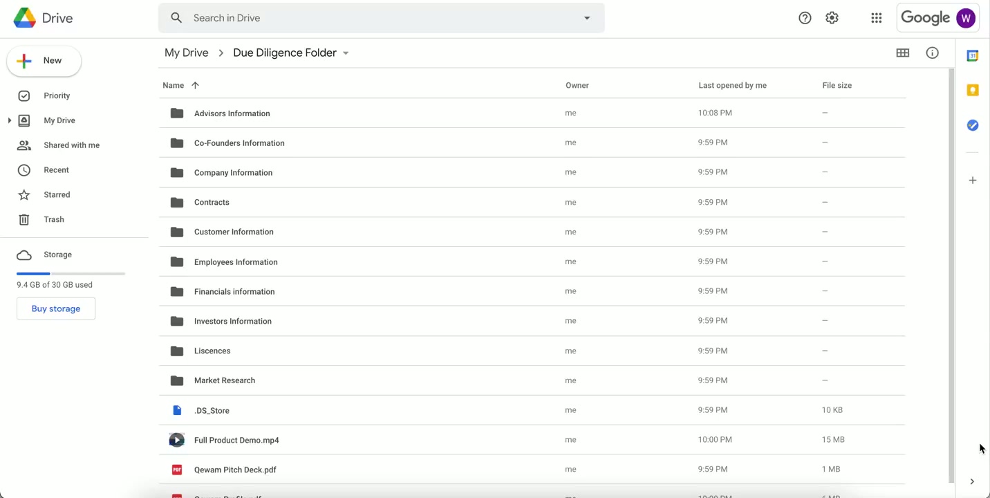 Qewam due diligence data room shown in Google Drive